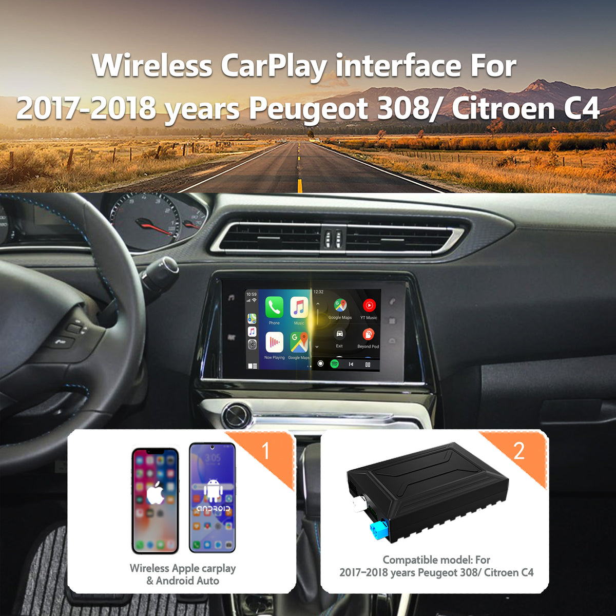 Wireless CarPlay Android Auto Interface for 2017-2018 Peugeot 308 / Citroën C4 7''