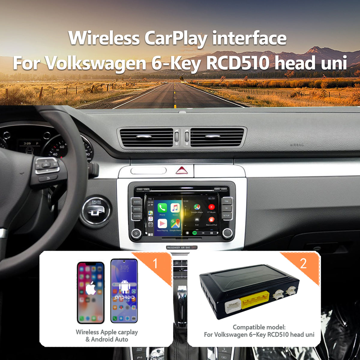 Wireless CarPlay Android Auto Interface for VW RCD510 Head Unit