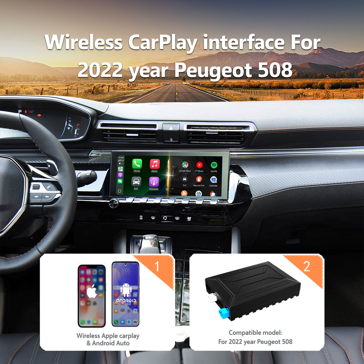 Wireless CarPlay Android Auto Interface for 2022 Peugeot 508 / 2008 (8'')