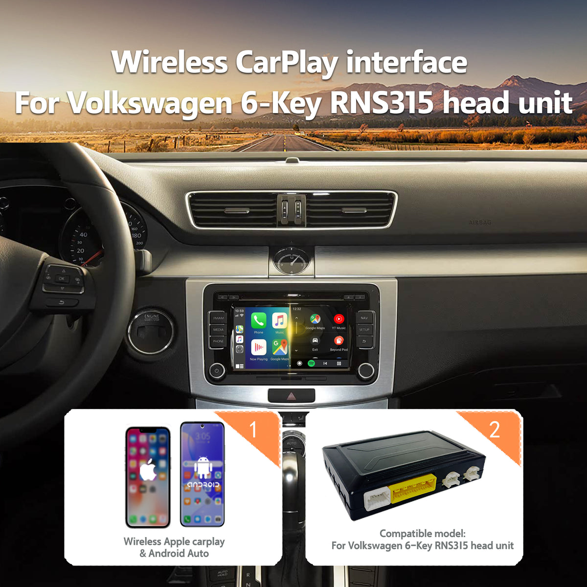 Wireless CarPlay Android Auto Interface for VW RNS315 Head Unit